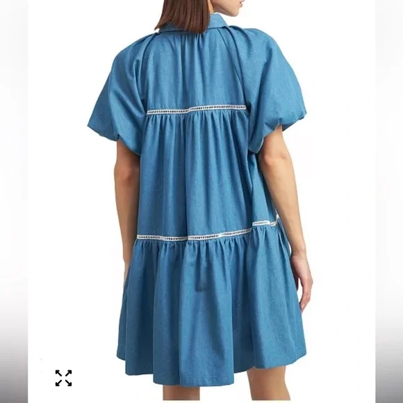 En Saison Blue Tara Puff-Sleeve Babydoll Mini Shirtdress Sz Small NEW - Picture 2 of 13